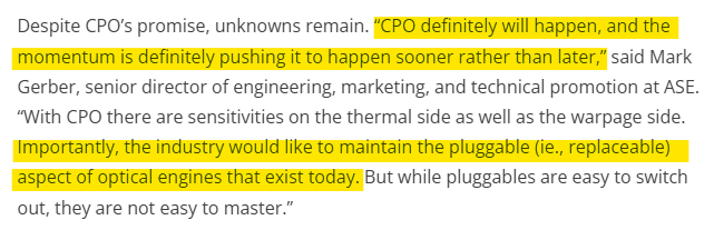 ChipsandWafers's tweet image. Good article on the Assembly innovations discussed at #ECTC.

A couple interesting lines about #CPO jumped out:

 - CPO can allows for a 32x increase in bandwidth vs. fiber
 - Despite the benefits of Co-packaged optics, companies still value the "replaceability" of pluggables
