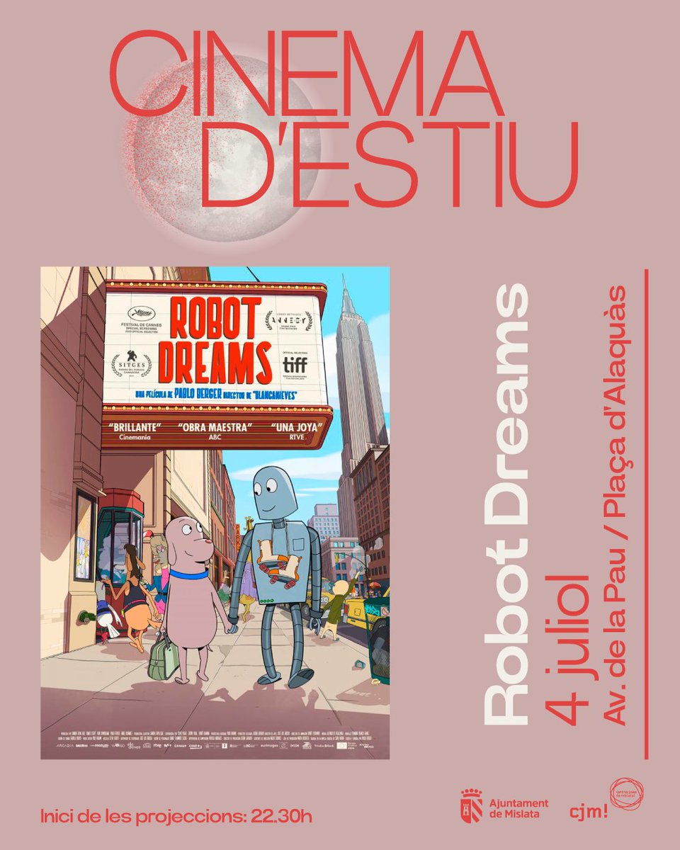 📽️ CINE DE VERANO 2025✨

🎞️ Iniciamos el programa de cine nocturno al aire libre con la película de animación  'ROBOT DREAMS', de Pablo Berger.

📍 Viernes, 4 de julio, a las 22.30h. En Av. de la Paz/Plaza Alaquàs

ℹ️ Consulta toda la programación ➤ mislata.es/es/informate/a…