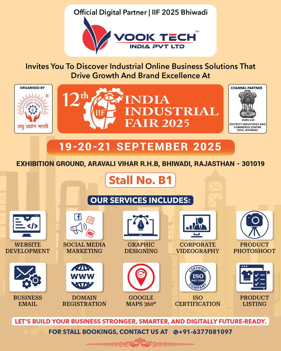 vooktech's tweet photo. 🟢 Official Digital Partner | IIF 2025 Bhiwadi
Explore powerful industrial online business solutions with Vook Teck India Pvt. Ltd.

📅 19–21 Sept 2025
📍 Stall B1, Exhibition Ground, Aravali Vihar R.H.B, Bhiwadi

🌐 https://t.co/o6Gt36MHas
For stall bookings: +91-6377081097 https://t.co/yI1LqEBCzz