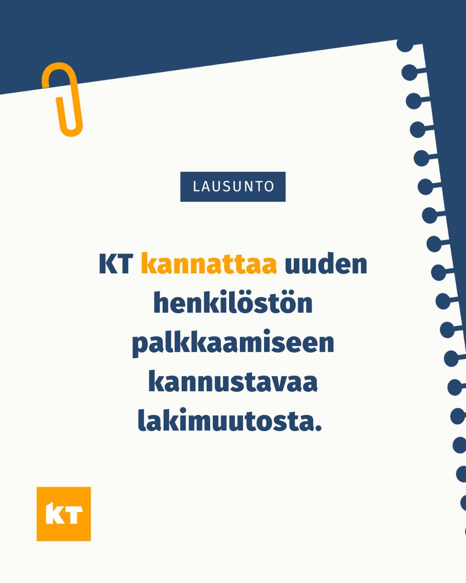 #Hallitus uudistaa työelämän lainsäädäntöä työllistämisen helpottamiseksi. #KT kannattaa uuden henkilöstön palkkaamiseen kannustavaa lakimuutosta. Lue lausuntomme ➡️ kt.fi/uutiset-ja-tie… #Työelämä #Lainsäädäntö #Lausunto
