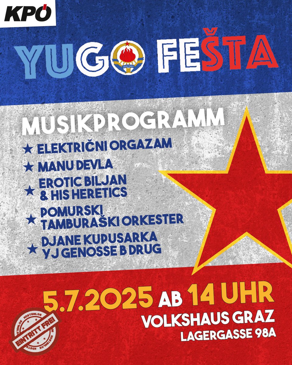 Am 5. Juli findet im Volkshaus die #YUGOFEŠTA statt. „Wir wollen Menschen mit Bezug zu #Jugoslawien – seien es Wurzeln, Urlaubserinnerungen oder kulinarische und kulturelle Vorlieben – mit einem Fest zusammenzubringen“, erklärt Elke Kahr.
Programm: kpoe-graz.at/yugo-festa-202… #Graz