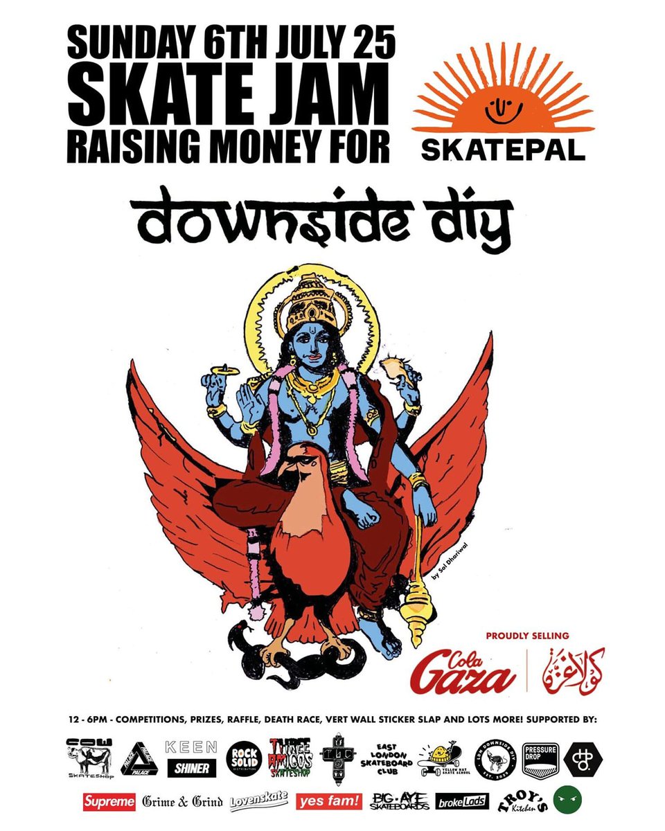 THIS SUNDAY !!! 

 COMMUNITY PAYBACK 

Grime &amp; Grind is at Downside for a skate Jam and supplying the music and vibes with the Skeen mandem !

FREE ENTRY

FREE VEGAN FOOD 

COMPETITION'S 

PRIZES 

GUNNA BE A MAD ONE 

RAISING MONEY FOR <a href="/skate_pal/">SkatePal</a>  🇵🇸