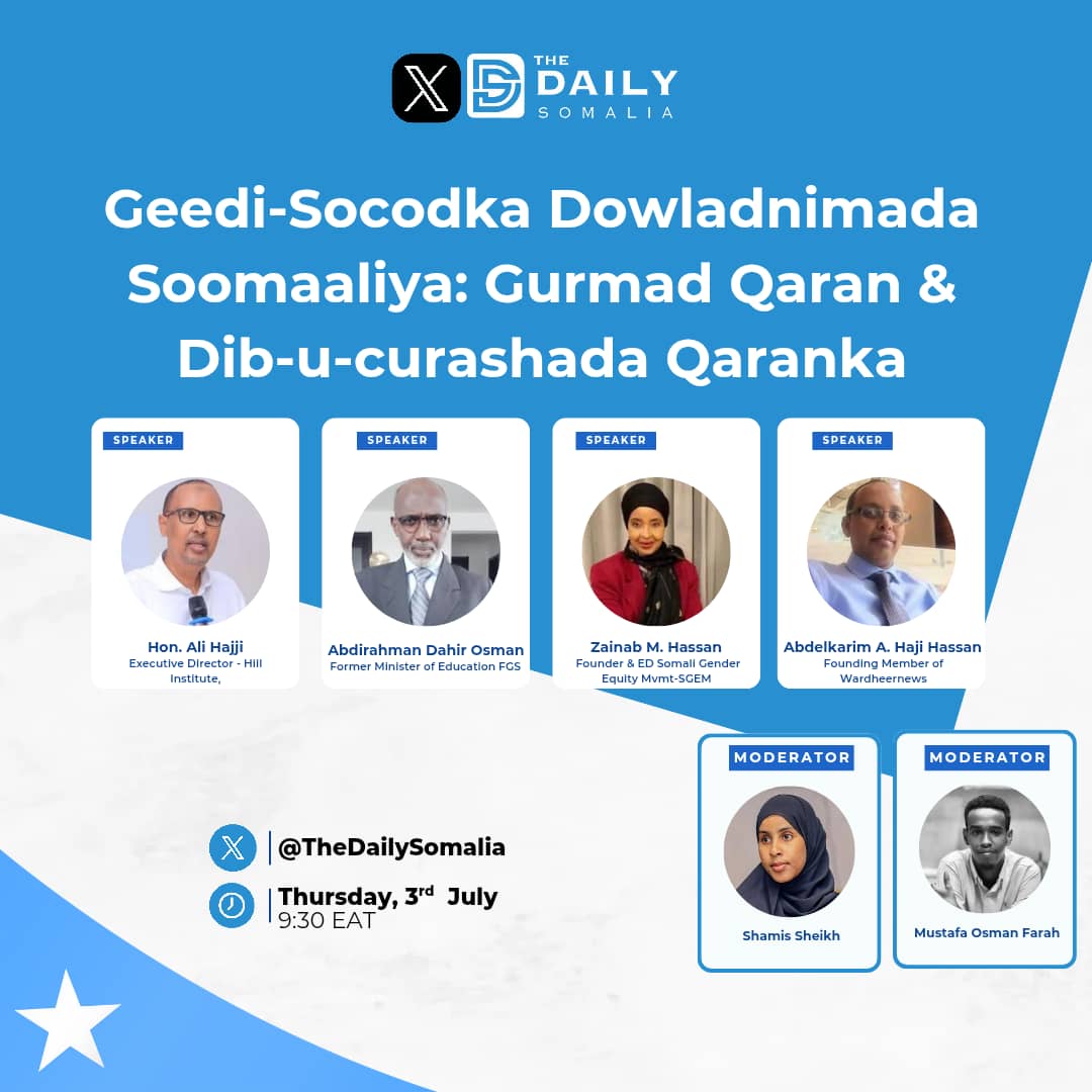 Dhaqdhaqaaqa #Gurmad_Qaran muxuu u taagan tahay? Sidee loo jiheyn karaa #haldoorka #Soomaaliyeed? Su'aalaha iyo kuwa kale ayaa looga doodi doona <a href="/TheDailySomalia/">The Daily Somalia</a> <a href="/alihwarsame/">Ali H. Warsame</a> <a href="/ZainabSirad/">Zainab M. Hassan</a> <a href="/abdidoos/">Abdi D Osman</a> <a href="/AbdelkarimHass/">Abdelkarim Sh. Abdelrahman</a>