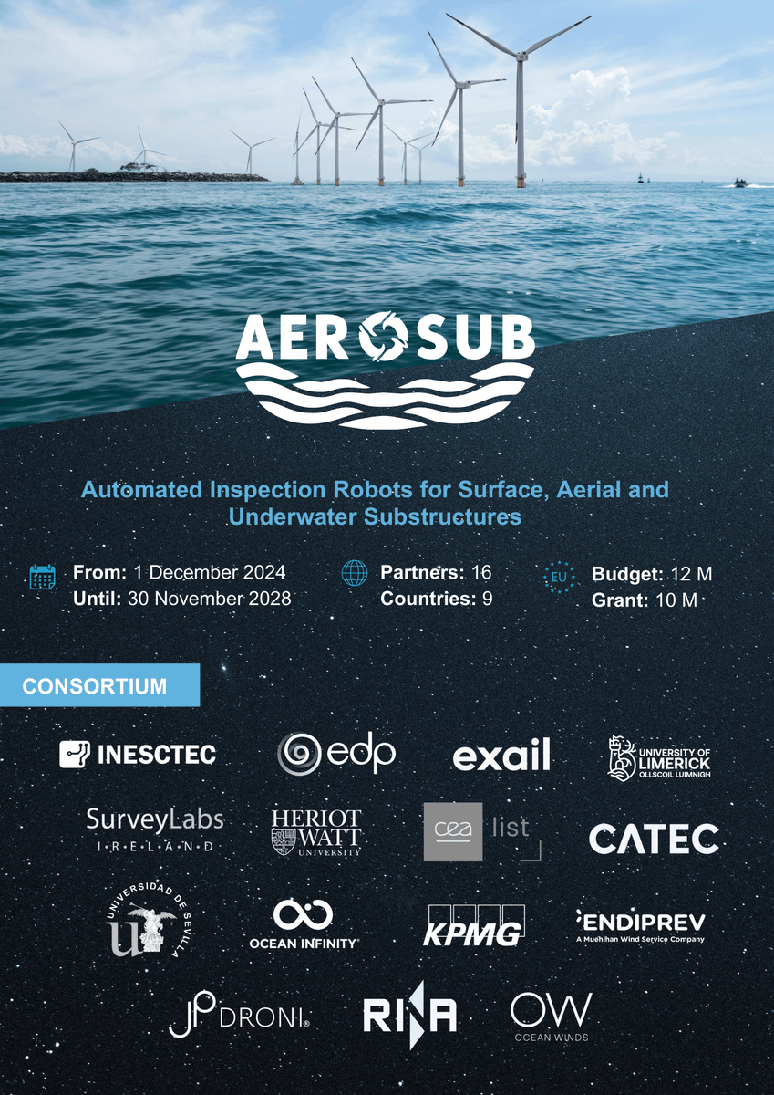 Aerosub_Project's tweet photo. 🔍 The AEROSUB project has officially launched its first flyer! The flyer outlines the key objectives and presents how AEROSUB is developing world-class #robotic solutions tailored to #OffshoreWind scenarios.

👉 Dive into the flyer to learn more about the vision behind #AEROSUB! https://t.co/LC0hVszlVI