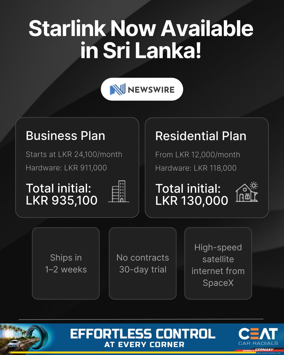Starlink, the satellite internet service by billionaire businessman Elon Musk’s SpaceX, is now officially available in Sri Lanka, with orders open for both residential and business users.

D: newswire.lk/7tvu
