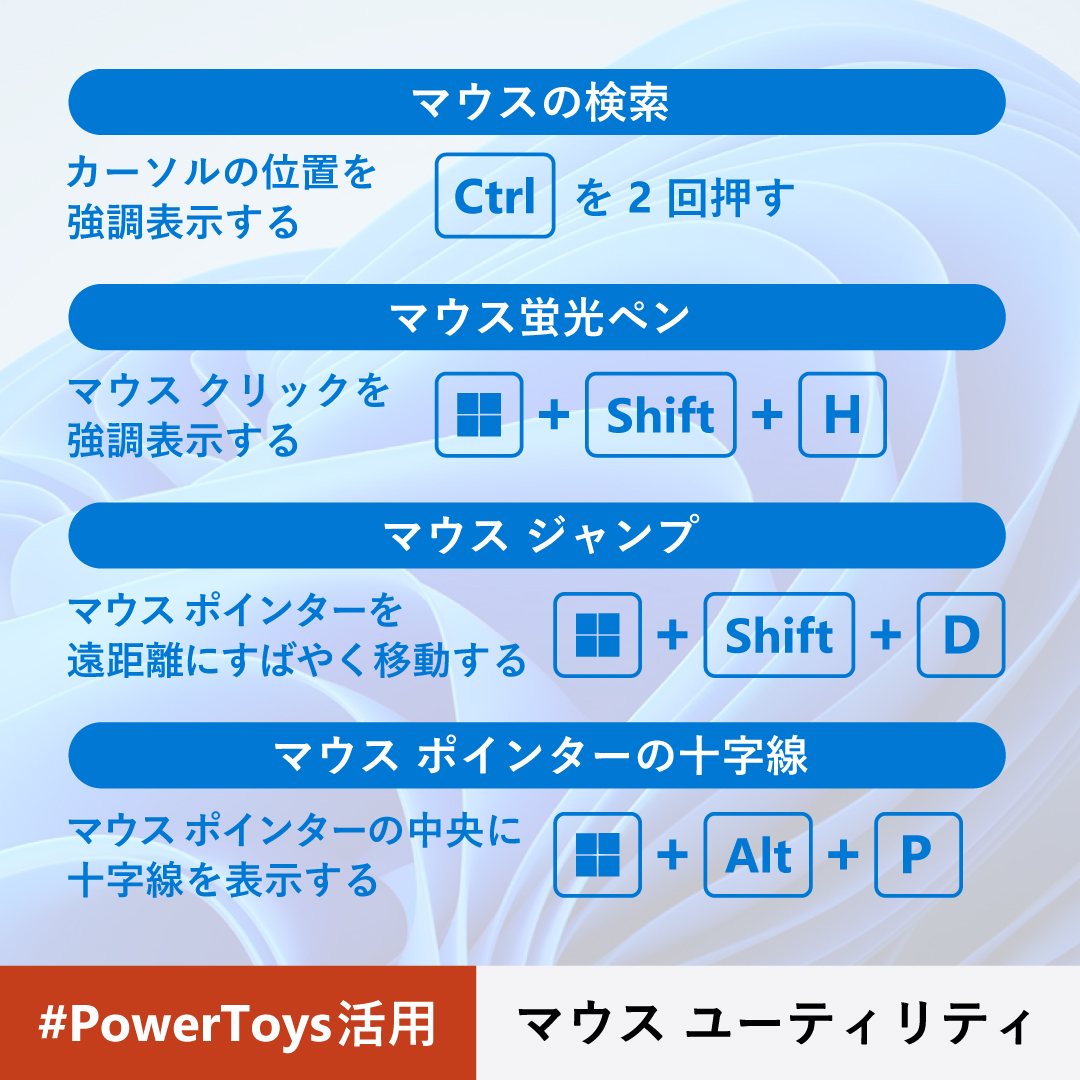 ◤マウスとカーソルの機能を強化する◢

PowerToys の《 マウス ユーティリティ 》でマウス操作をもっと便利に🔥

🔸見つける
🔸強調する
🔸別の画面や場所へ一気に移動する
など便利な機能を有効化するショートカット キーをまとめました！

▼詳細
msft.it/6018S2Vap

#PowerToys活用