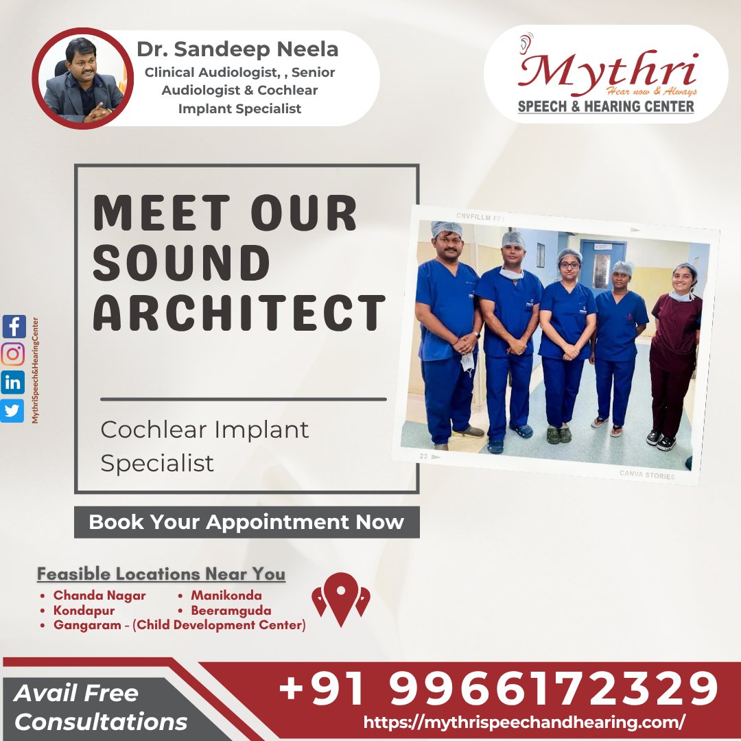 mythrihearing's tweet image. #SoundArchitect #CochlearImplants #DrSandeepNeela #MythriSpeechAndHearing #AudiologistHyderabad #CochlearCare #HearTheWorld #HearingRecovery #BetterHearing #HearingAwareness #HearingSolutions #BestAudiologist #SpeechAndHearingClinic #HearingRestoration #CochlearImplantExpert
