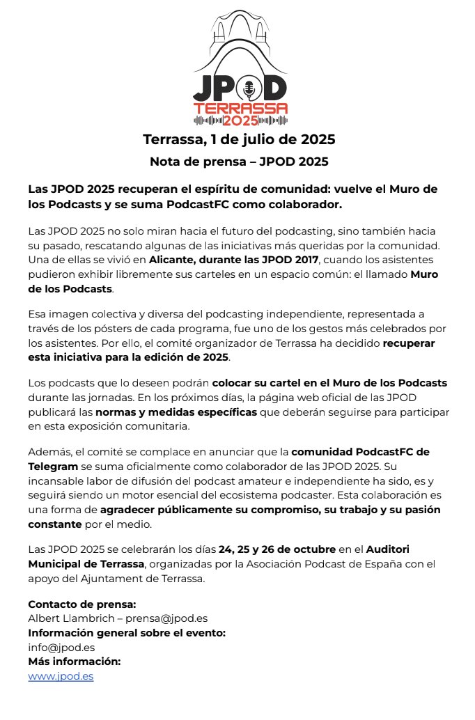 Jpod25Terrassa's tweet photo. Más info de las JPOD que seguro os gustará conocer:

Primera actividad recuperada de otras ediciones y primer colaborador oficial. 

@PodcastFC2 se une al evento como colaborador oficial. 

Os dejamos la nota de prensa. Recuerda que en nuestra web tienes toda más detalles. https://t.co/0PVTEk45BR