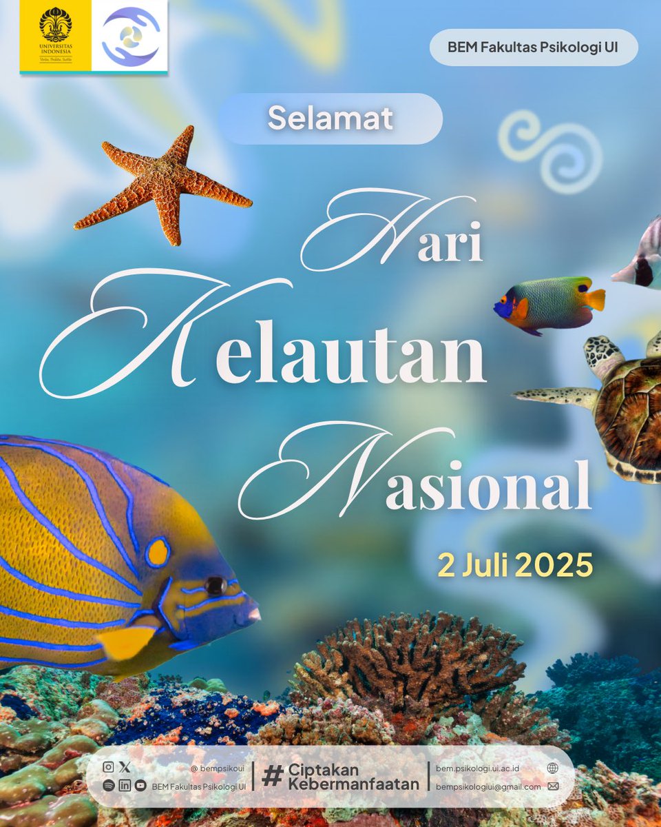 [Selamat Hari Kelautan Nasional]

Sekitar 70% wilayah Indonesia adalah laut. Di Hari Kelautan Nasional ini, mari mulai edukasi diri tentang pentingnya ekosistem laut. Karena laut yang sehat berarti bumi yang lestari.

BEM Fakultas Psikologi UI 2025
#CiptakanKebermanfaatan