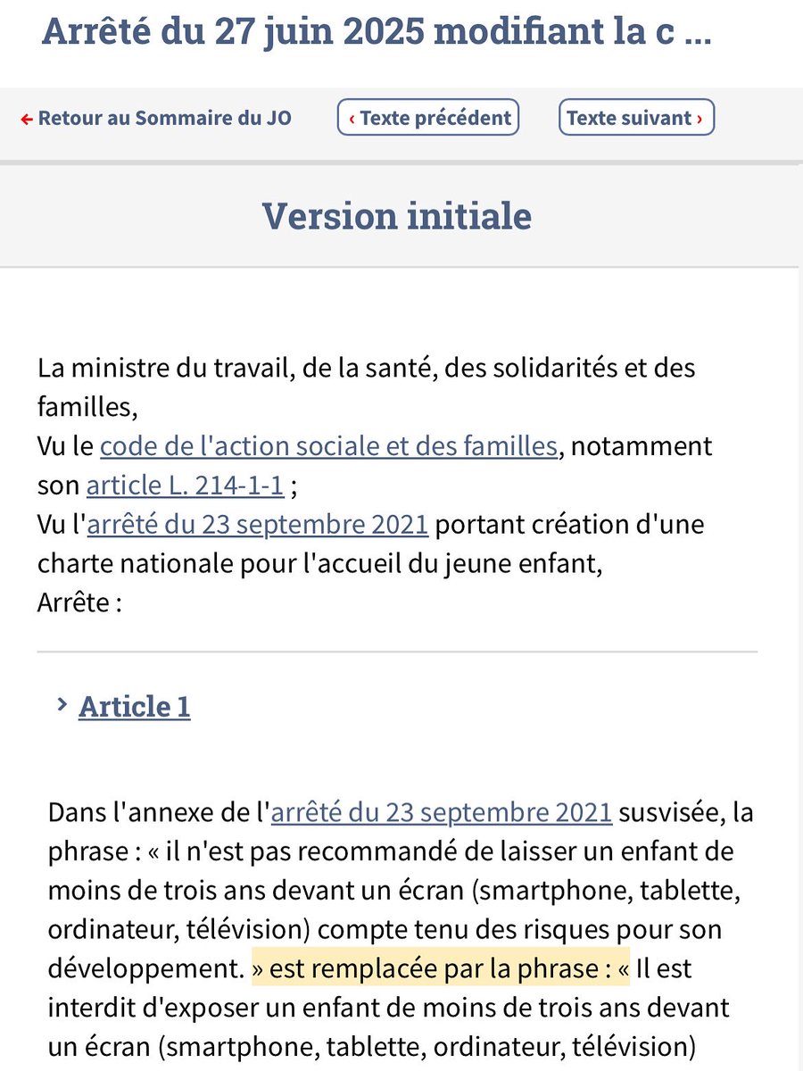 📵 0 écran avant 3 ans : c’est désormais la loi !

L’arrêté du 27 juin 2025 interdit formellement d’exposer un enfant de moins de 3 ans aux écrans.

👉 Une mesure forte pour jouer, rêver, parler, apprendre, grandir ensemble.

🌐 legifrance.gouv.fr/jorf/id/JORFTE….