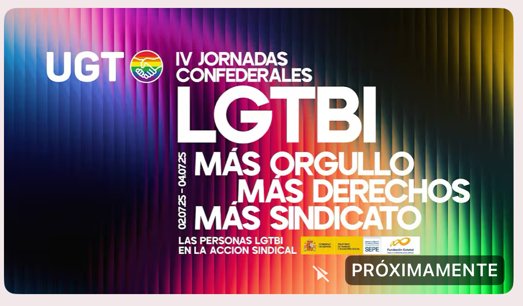 UGT (@ugt_comunica) on Twitter photo 🏳️🌈 🏳️⚧️ IV JORNADAS CONFEDERALES #LGTBI (<a href="/UGTDiversa/">ACCIÓN LGTBI 🏳️🌈🏳️⚧️</a>)
✊🏼 #UGT celebra sus IV Jornadas Confederales LGTBI: «Las personas LGTBI en la acción sindical»
🗣️ Bajo el lema 'Más orgullo, más derechos, más sindicato'.
🎥 A partir de las 16:00 youtube.com/live/qi8Hjaoam… 🏳️🌈 🏳️⚧️ IV JORNADAS CONFEDERALES #LGTBI (<a href="/UGTDiversa/">ACCIÓN LGTBI 🏳️🌈🏳️⚧️</a>)
✊🏼 #UGT celebra sus IV Jornadas Confederales LGTBI: «Las personas LGTBI en la acción sindical»
🗣️ Bajo el lema 'Más orgullo, más derechos, más sindicato'.
🎥 A partir de las 16:00 youtube.com/live/qi8Hjaoam…