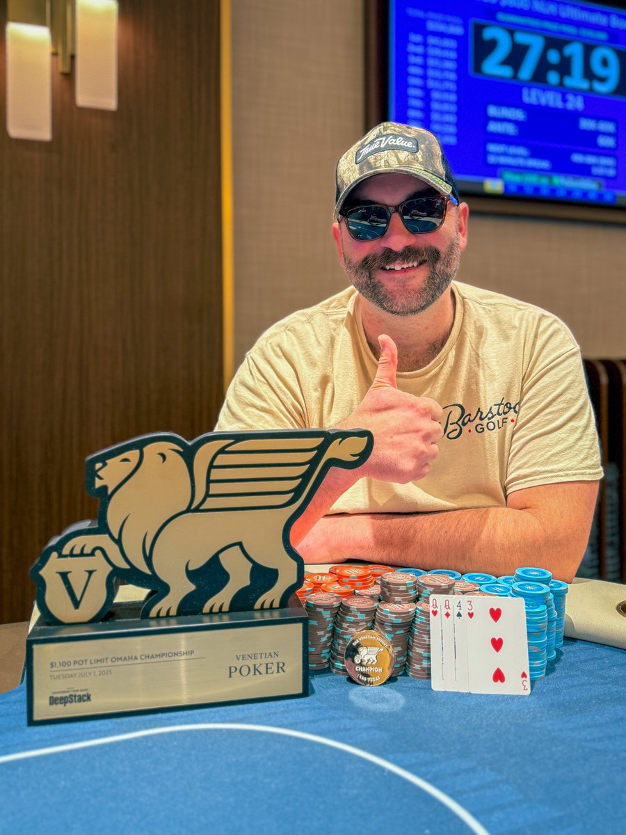 VenetianPoker's tweet photo. Congratulations to James Cavanaugh (@Jim_Cavanaugh22) of Santa Rosa, CA who was the outright winner in our DeepStack Championship Event #66 $1,100 PLO Championship $300,000 guarantee on 7.01.25

James takes home the DeepStack Championship silver coin, the trophy, and $113,227 https://t.co/SCR1QWGrCb