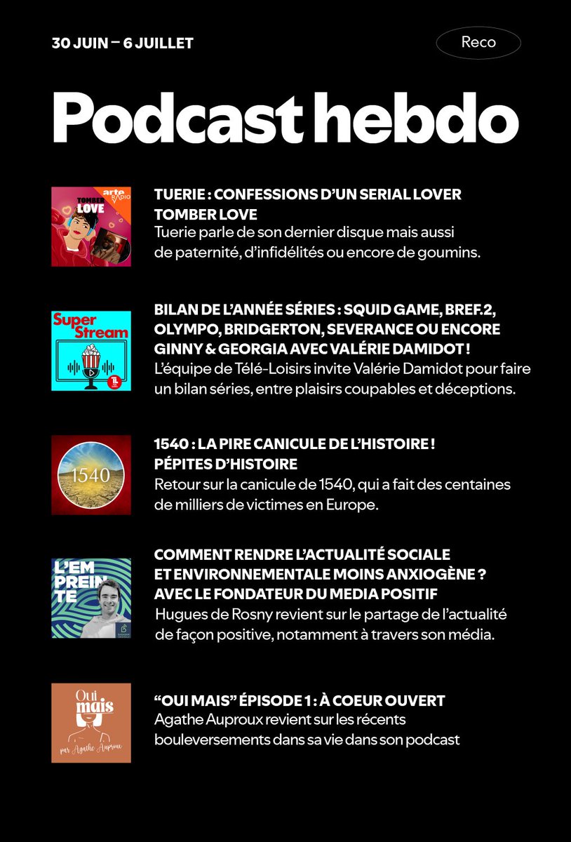 Spotify France (@spotifyfrance) on Twitter photo On écoute quoi cette semaine comme podcasts ?
❤️🩹 <a href="/Tuerie__/">Tuerie</a> x <a href="/ARTE_Radio/">ARTE Radio</a>
🍿 <a href="/TeleLoisirs/">Tele-Loisirs.fr</a> x <a href="/DamidotValerie/">Valérie Damidot 🍓</a>
🔥 <a href="/Histoire_Pod/">Pépites d'Histoire</a> x <a href="/gab_mace/">Gabriel Macé</a>
📰 <a href="/AliceVachet/">Alice Vachet</a> x <a href="/HuguesdeRosny/">Hugues de Rosny</a>
🫶 OUI, MAIS par Agathe Auproux
À retrouver sur Spotify ➡️ spoti.fi/403SJoq On écoute quoi cette semaine comme podcasts ?
❤️🩹 <a href="/Tuerie__/">Tuerie</a> x <a href="/ARTE_Radio/">ARTE Radio</a>
🍿 <a href="/TeleLoisirs/">Tele-Loisirs.fr</a> x <a href="/DamidotValerie/">Valérie Damidot 🍓</a>
🔥 <a href="/Histoire_Pod/">Pépites d'Histoire</a> x <a href="/gab_mace/">Gabriel Macé</a>
📰 <a href="/AliceVachet/">Alice Vachet</a> x <a href="/HuguesdeRosny/">Hugues de Rosny</a>
🫶 OUI, MAIS par Agathe Auproux
À retrouver sur Spotify ➡️ spoti.fi/403SJoq