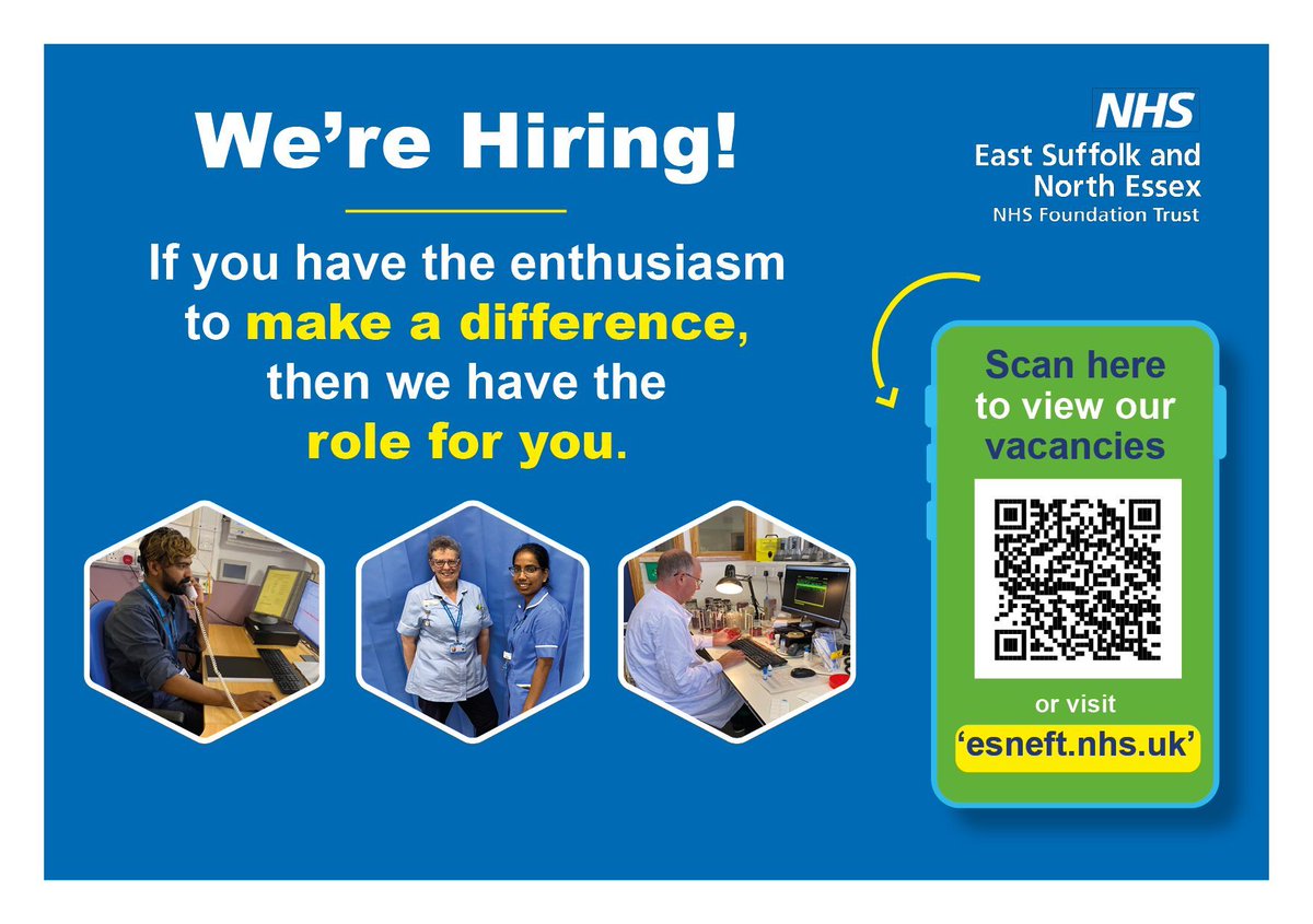 We are ESNEFT and we provide hospital and community health services to almost one million people across east Suffolk and north Essex.❤️🏥 

📲 Join us today: 👉 buff.ly/bP9rg5J 

#NHS #HiringNow #NHSJobs #ComeAndJoinUs