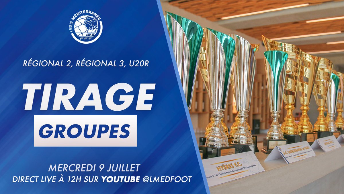 [CHAMPIONNATS] Tirage des Groupes de Régional 2, Régional 3, U20 R !

📅 Le tirage des Groupes des Championnats <a href="/lmedfoot/">Ligue Méditerranée</a> (Régional 2 Séniors, Régional 3 Séniors, U20 R) sera effectué le mercredi 9 juillet (12h00).

📲 A suivre en direct sur YouTube : youtube.com/@lmedfoot/stre…