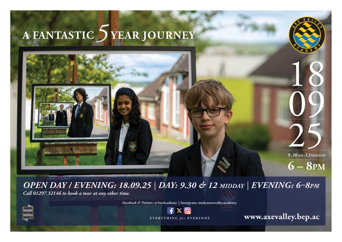 A FANTASTIC 5 YEAR JOURNEY! 18.09.25. Save the date for our Open Day and Evening. This is a busy one so be certain to get the date in your diary to take a look at our wonderful school. A five year aspirational journey awaits <a href="/AxeAcademy/">Axe Valley Academy</a> . #weareava #everythingforeveryone