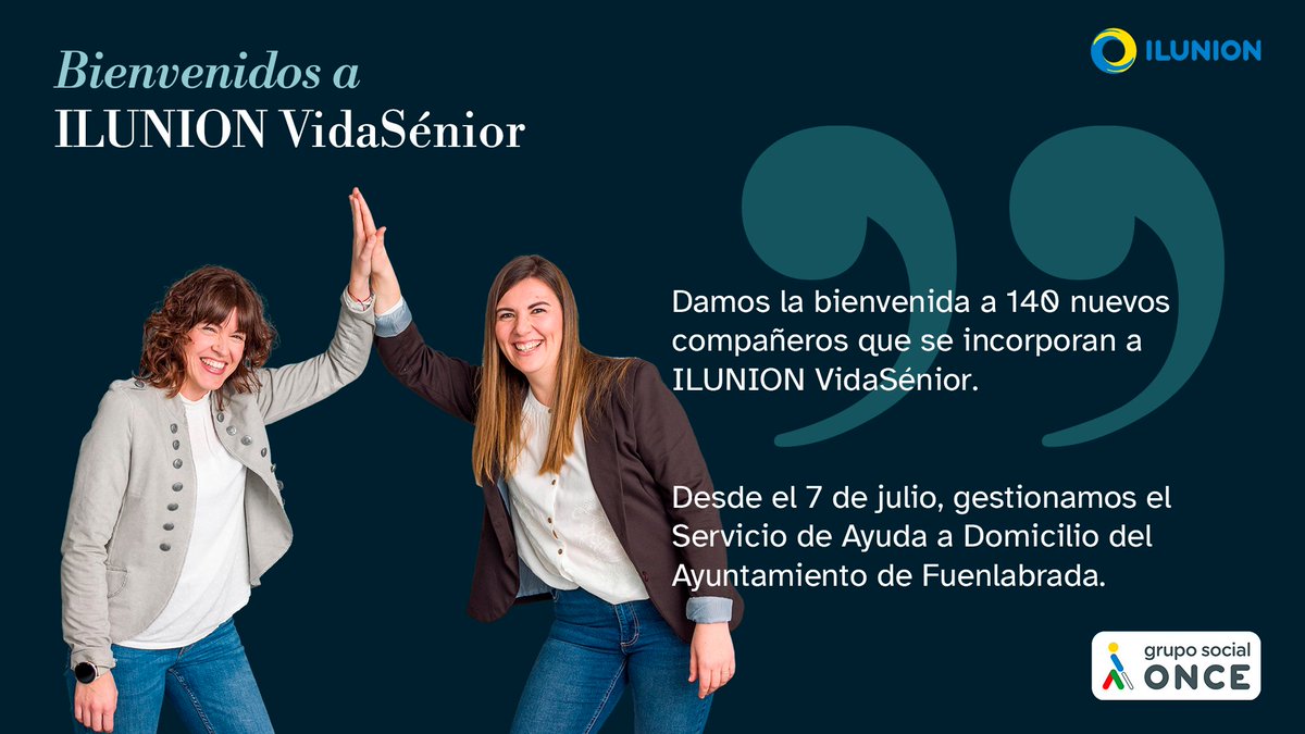 ILUNION (@ilunion) on Twitter photo 👐Damos la bienvenida a 140 nuevos compañeros que se incorporan a ILUNION VidaSénior.
Desde el 7 de julio, gestionamos el Servicio de Ayuda a Domicilio del <a href="/AytoFuenlabrada/">Ayuntamiento de Fuenlabrada</a>.
Gracias por uniros a nuestro equipo y trabajar cada día en construir un mundo mejor con todos incluidos. 👐Damos la bienvenida a 140 nuevos compañeros que se incorporan a ILUNION VidaSénior.
Desde el 7 de julio, gestionamos el Servicio de Ayuda a Domicilio del <a href="/AytoFuenlabrada/">Ayuntamiento de Fuenlabrada</a>.
Gracias por uniros a nuestro equipo y trabajar cada día en construir un mundo mejor con todos incluidos.