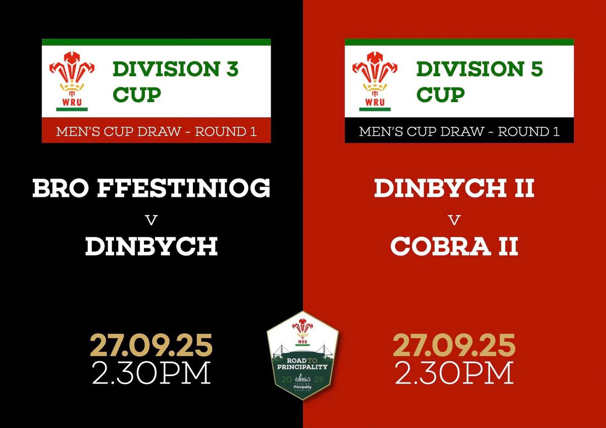 ππΉππ― π₯ππ΄π―πΆ ππΆπ»π―ππ°π΅ (@crdinbych) on Twitter photo WRU Cup - 1st Round Draws
<a href="/BroFfestiniog/">Clwb Rygbi Bro Ffest</a> π 1st XV
π - 27.09.25
β° - 2.30pm
π - Llwyn y Gell
π - WRU Division 3 Cup - Rd 1
2nd XV π <a href="/COBRA_RFC/">C.O.B.R.A RFC</a>
π - 27.09.25
β° - 2.30pm
π - Maes Terry Bryer
π - WRU Division 5 Cup - Rd 1
#CRD WRU Cup - 1st Round Draws
<a href="/BroFfestiniog/">Clwb Rygbi Bro Ffest</a> π 1st XV
π - 27.09.25
β° - 2.30pm
π - Llwyn y Gell
π - WRU Division 3 Cup - Rd 1
2nd XV π <a href="/COBRA_RFC/">C.O.B.R.A RFC</a>
π - 27.09.25
β° - 2.30pm
π - Maes Terry Bryer
π - WRU Division 5 Cup - Rd 1
#CRD