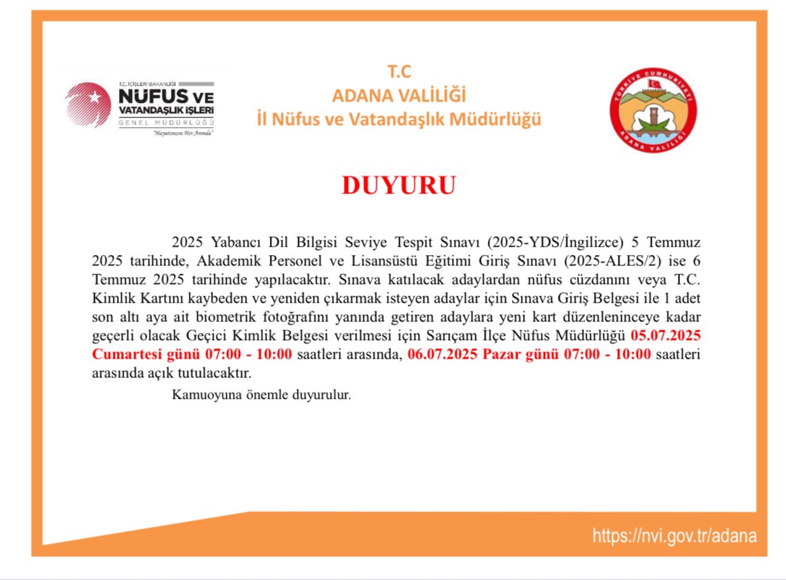 Sınavlara katılacak adaylara başarılar dileriz.
<a href="/TCAdanaValiligi/">T.C. Adana Valiliği</a> <a href="/TCNufus/">Nüfus ve Vatandaşlık İşleri Genel Müdürlüğü</a> <a href="/sakippehlivan/">SAKİP PEHLİVANOĞLU</a>
