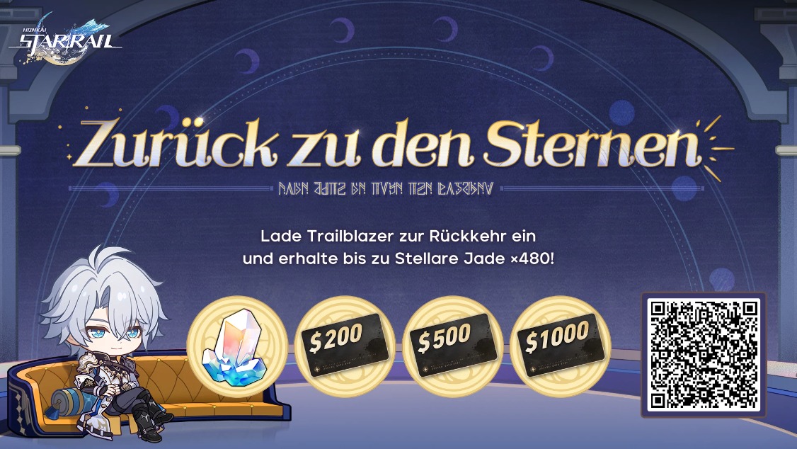 Lade rückkehrende Trailblazer ein, sich mit deinem Einladungscode zu verbinden und im Spiel anzumelden, um Stellare Jade, Geschenkkarten und andere Überraschungsbelohnungen zu gewinnen.