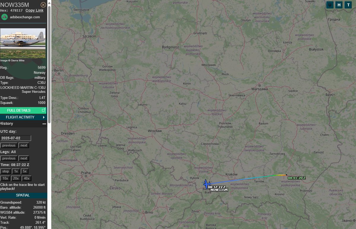 PolishMilRadar's tweet photo. ⌚️02.07.2025 10:40LT
🇳🇴Siły Powietrzne Norwegii
✈️Lockheed Martin C-130J-30 Super Hercules "5699"
#NOW335M na wysokości przelotowej FL260
🛫Rzeszów #EPRZ
🛬Marsylia #LFML
🔗https://t.co/7Yo8Pt4QgO
#POLMILRADAR https://t.co/2XOdkcK2Kt