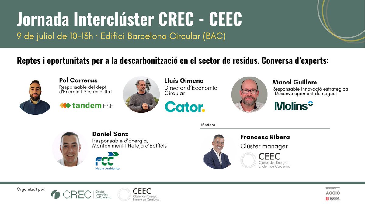 clusterEE's tweet image. 🚀 Impulsant la circularitat en la transició energètica i la descarbonització

El 9 de juliol, el @ClusterResidus i el @CEEC celebrem una Jornada Interclúster a Barcelona Circular – BAC, adreçada exclusivament als membres dels clústers.
Posarem el focus en els residus de la…