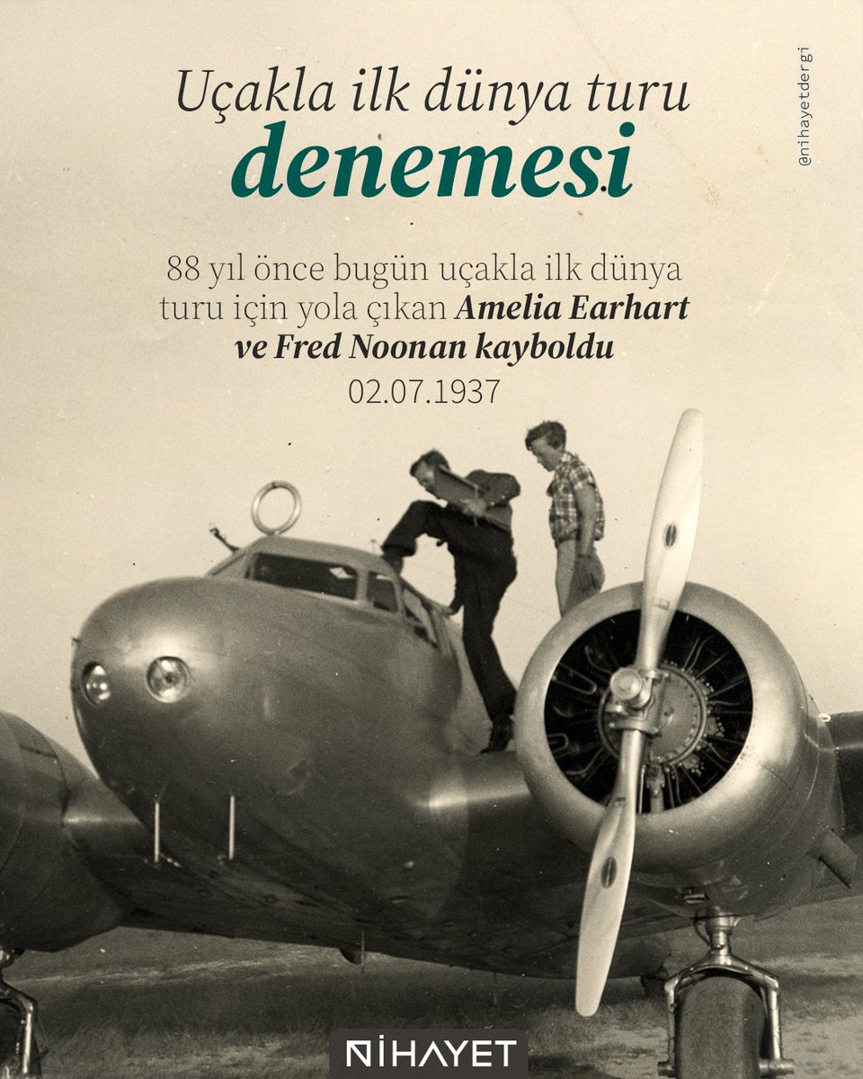 Uçakla ilk dünya turu denemesi 🛫

2 Temmuz 1937’de gökyüzüne çıkan Amelia Earhart ve Fred Noonan, “ilk dünya turu” hayalini peşinden koştururken izlerini kaybetti. 🌍

✈️ Hâlâ çözülemeyen bu gizem, tarihin en büyük uçuş sırlarından biri!