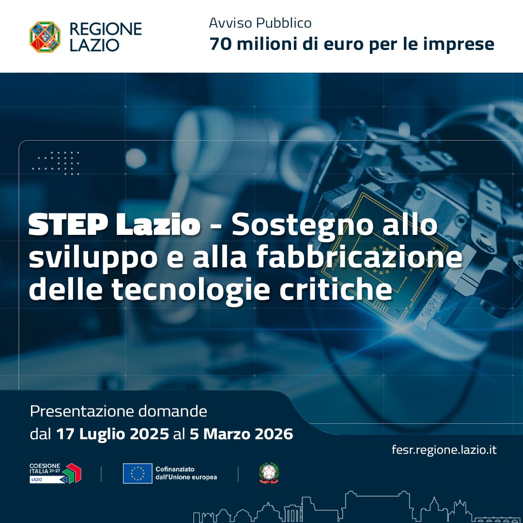 🚀 Pubblicato l’Avviso STEP – Tecnologie Critiche, per sostenere lo sviluppo e la fabbricazione di tecnologie strategiche per l’Europa
🗓️ Domande dal 17 luglio 2025 ore 12 al 5 marzo 2026 ore 17
📎lazioinnova.it/landing-bandi/…
#prfesrlazio