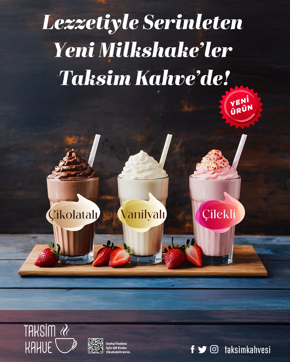 Yaz mevsimin en tatlı soğukları🥤

Çikolatalı, Vanilyalı ve Çilekli Milkshake lezzetleri Taksim Kahve'de 🌟🌞🧊

#milkshake #taksimkahve #yazlezzetleri