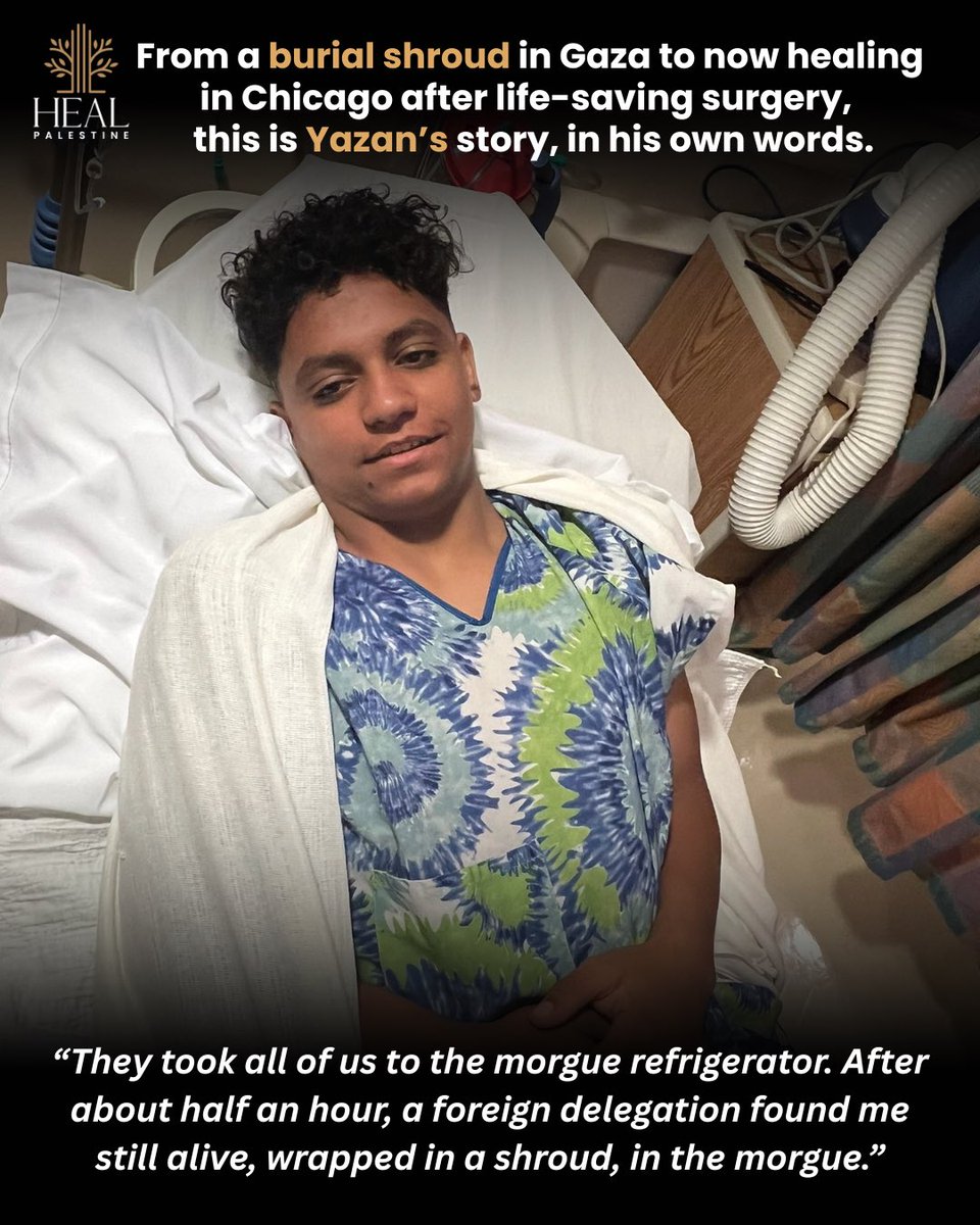 healpalestine_'s tweet image. Yazan underwent surgery yesterday for his amputated limbs and is now healing in the hospital. Yazan asked us to share his words with you all — his story, and his message:
“I went up to the roof of our house with my six cousins and my aunt to collect water, since we were running…