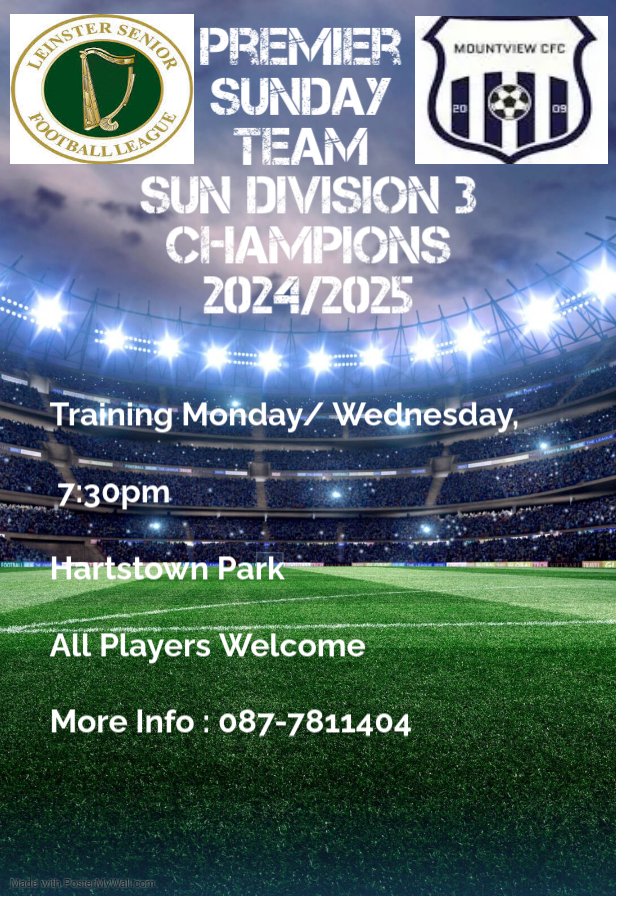 We're back! 🔥 Our Sun Division 3 champions return for pre-season training tonight. Ready to compete in Premier Sunday , and we're on the lookout for new talent in Dublin 15. Get in touch if you want to be part of something special! <a href="/AlQuinn2015/">LSL Live Update’s</a> <a href="/LSLLeague/">Leinster Senior League</a> <a href="/hitthechannels/">Football lover</a>