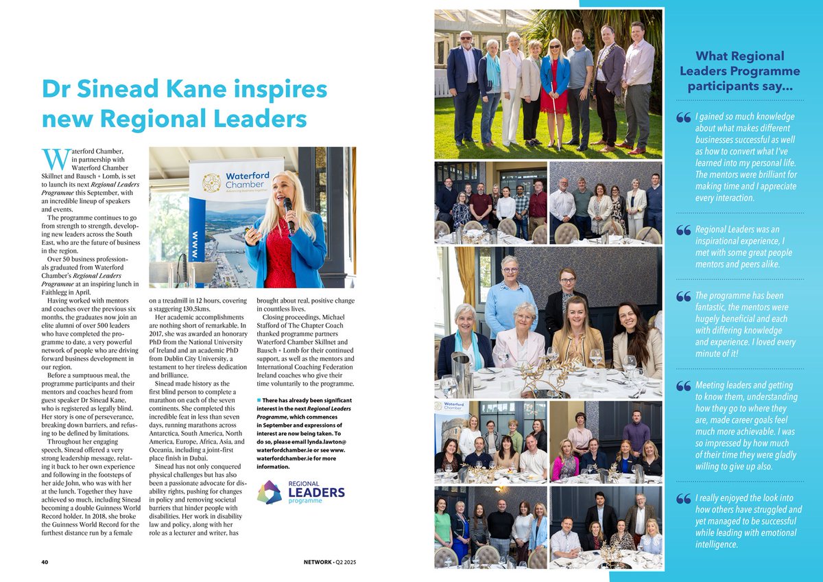 Over 50 business professionals graduated from Waterford Chamber’s Regional Leaders Programme at an inspiring lunch in Faithlegg in April.

You can read all about the event in our latest issue of our Network Magazine, Issue 31.
Available at: 🔗 loom.ly/rSGmfmM