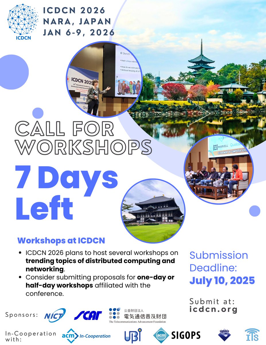 ICDCN (@icdcn_conf) on Twitter photo π’ 30 Days left to submit Workshop Proposals at ICDCN 2026!
β³ Deadline: July 10, 2025
π icdcn.org #conference
<a href="/sandip2201/">Sandip Chakraborty</a> π’ 30 Days left to submit Workshop Proposals at ICDCN 2026!
β³ Deadline: July 10, 2025
π icdcn.org #conference
<a href="/sandip2201/">Sandip Chakraborty</a>