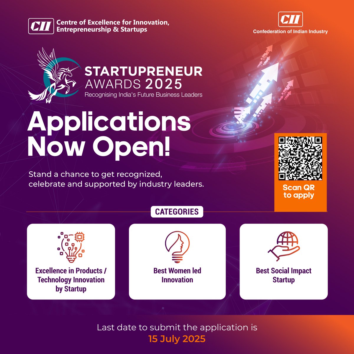 Calling all Indian Startups! The prestigious Startupreneur Awards 2025 applications are officially open!

Last date to submit your application is 15 July 2025.

Scan the QR code in the image or visit  ciistartupreneurawards.in/toapply today!
#StartupreneurAwards2025 #IndianStartups #CII