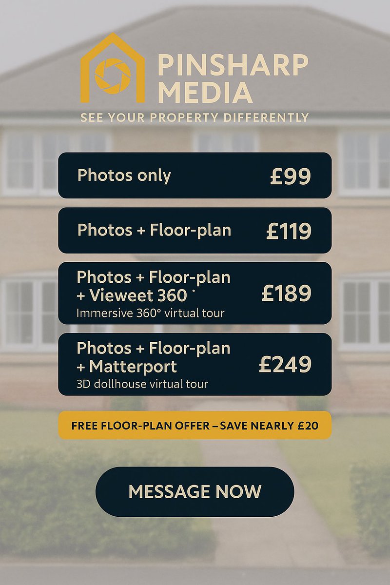 PinsharpM's tweet photo. Want high end photography, floor-plan creation or an immersive virtual tour to help show your property and attract buyers?

You’re  covered!! starting at only £99 and with a “FREE floor-plan” that includes a professionally drawn floor plan worth nearly £20

Message for more info https://t.co/iIbmUZIRoi