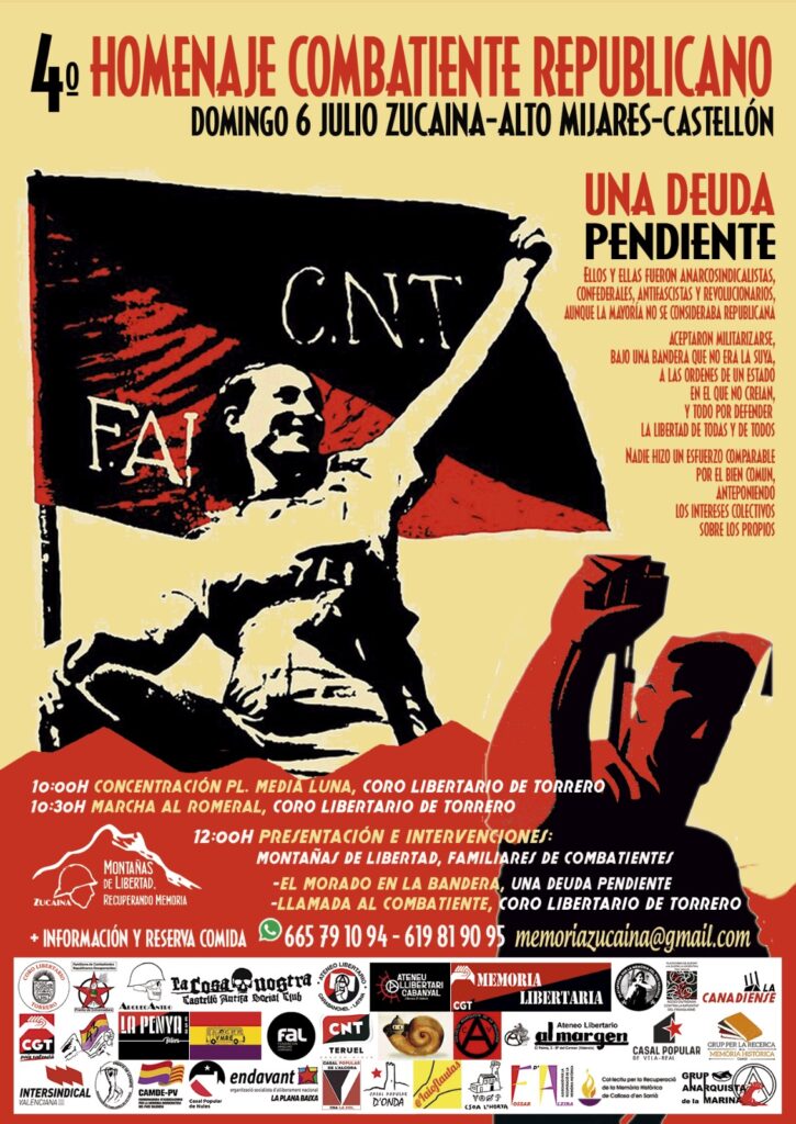 4t Homenatge al Combatent Republicà Sucaina, Alt Millars/ Un deute pendent.

Diumenge 6 de juliol de 2025

Enguany  tornem a les Muntanyes de Sucaina per a continuar ocupant el nostre  espai i, aquesta vegada, retrem homenatge i donarem visibilitat als i a les anarcosindicalistes