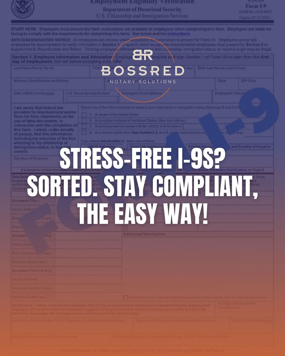 BossredNotary's tweet image. Hiring new team members? One small I-9 error could cost you big.
---
📞 Ready when you are: bossrednotary.com/i9-form-employ…
.
#I9Verification #EmploymentCompliance #BossredNotary #RemoteHiring #HRCompliance