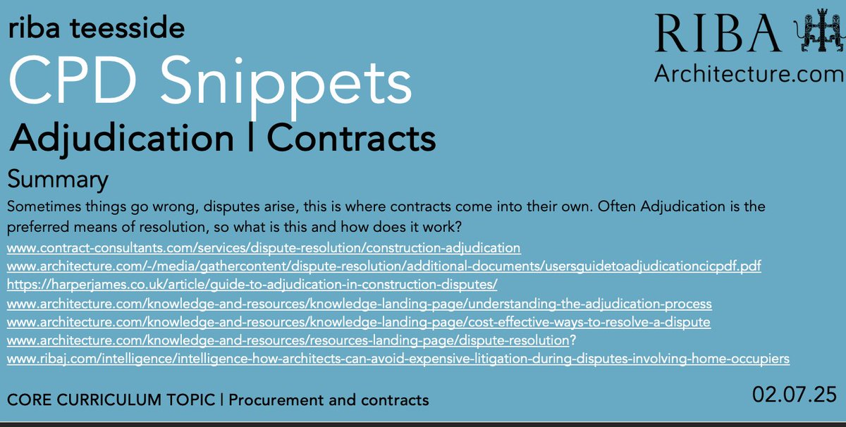 RibaTees's tweet image. Today #CPDSnippets explores #Adjudication
links
contract-consultants.com/services/dispu…
architecture.com/-/media/gather…
harperjames.co.uk/article/guide-…
architecture.com/knowledge-and-…
architecture.com/knowledge-and-…
architecture.com/knowledge-and-…?
ribaj.com/intelligence/i…
@RIBANorthEast @RIBA_YAPF @RIBA #architect #architecture