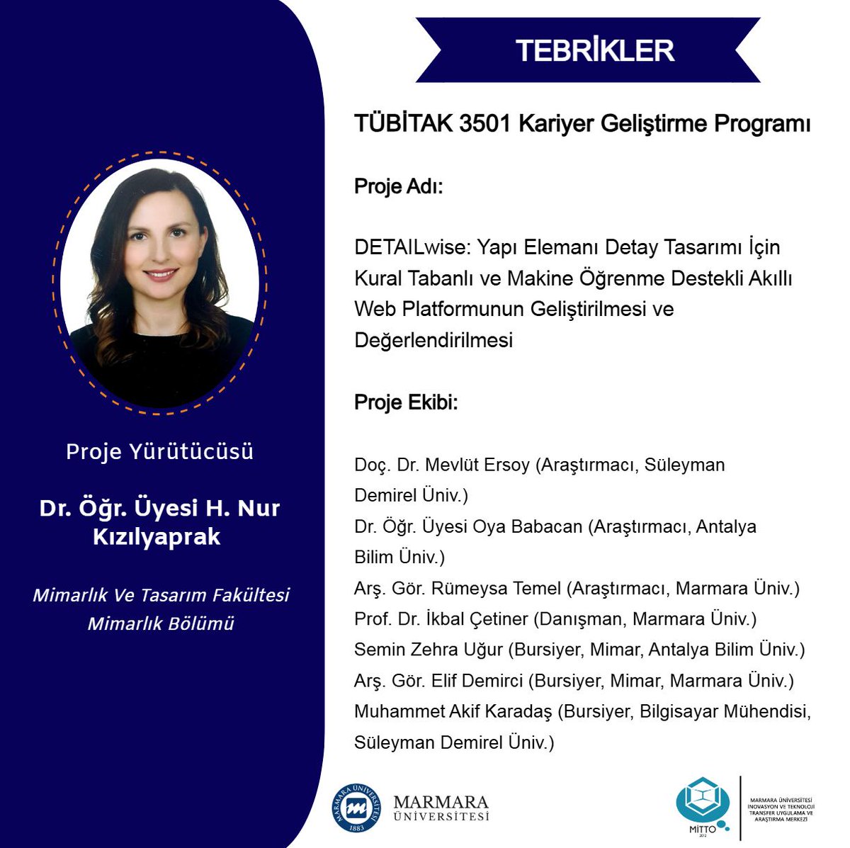 Dr. Öğr. Üyesi H. Nur Kızılyaprak yürütücülüğünde hazırlanan araştırma projesi, TÜBİTAK 3501 – Kariyer Geliştirme Programı kapsamında desteklenmeye hak kazanmıştır. 

Akademisyenimizi ve proje ekibini tebrik eder, başarılarının devamını dileriz.