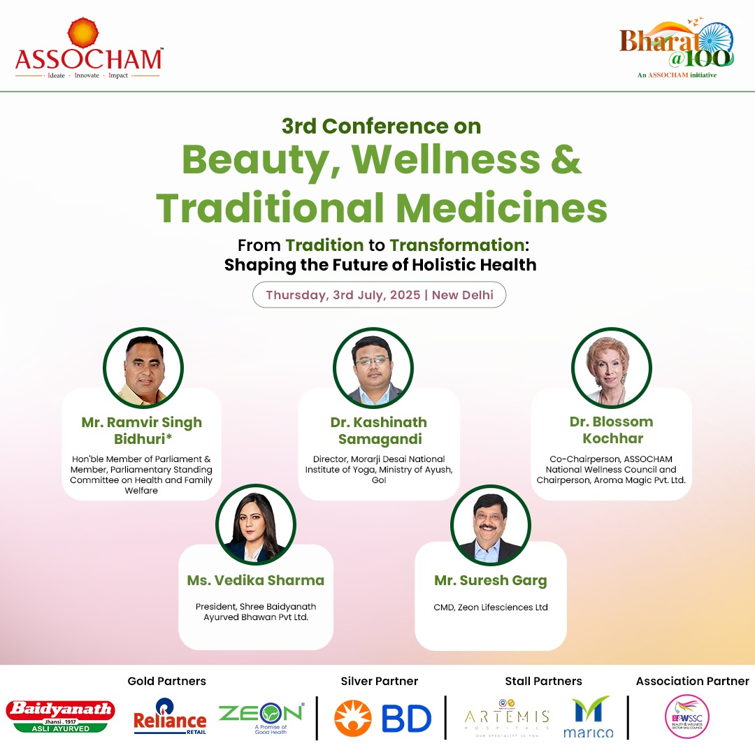 ASSOCHAM4India's tweet photo. Tomorrow, leading voices from the world of wellness, traditional medicine, and holistic healthcare will come together at the 3rd Conference on Beauty, Wellness & Traditional Medicines in New Delhi.

With the theme “From Tradition to Transformation,” the day will spotlight how India’s age-old systems like Ayurveda, Yoga, and Homeopathy are being reimagined for a healthier, more sustainable future. Expect rich conversations, expert insights, and cross-industry collaboration as we shape the future of holistic health.

Register Now: https://t.co/7AAMw1mXsJ

#BeautyWellnessConclave #AYUSH #HolisticHealth #WellnessLeadership #TraditionalMedicine

@RamvirBidhuri @kashisri1 @blossomkochhar @vedika_sharma24 @DrSwarnendra @baidyanathgroup @moayush @ambishhh @var_agg24 @mansukhmandviya @MoHFW_INDIA @mpprataprao @BDandCo @ZLifesciences @bwsscofficial @HospitalArtemis
