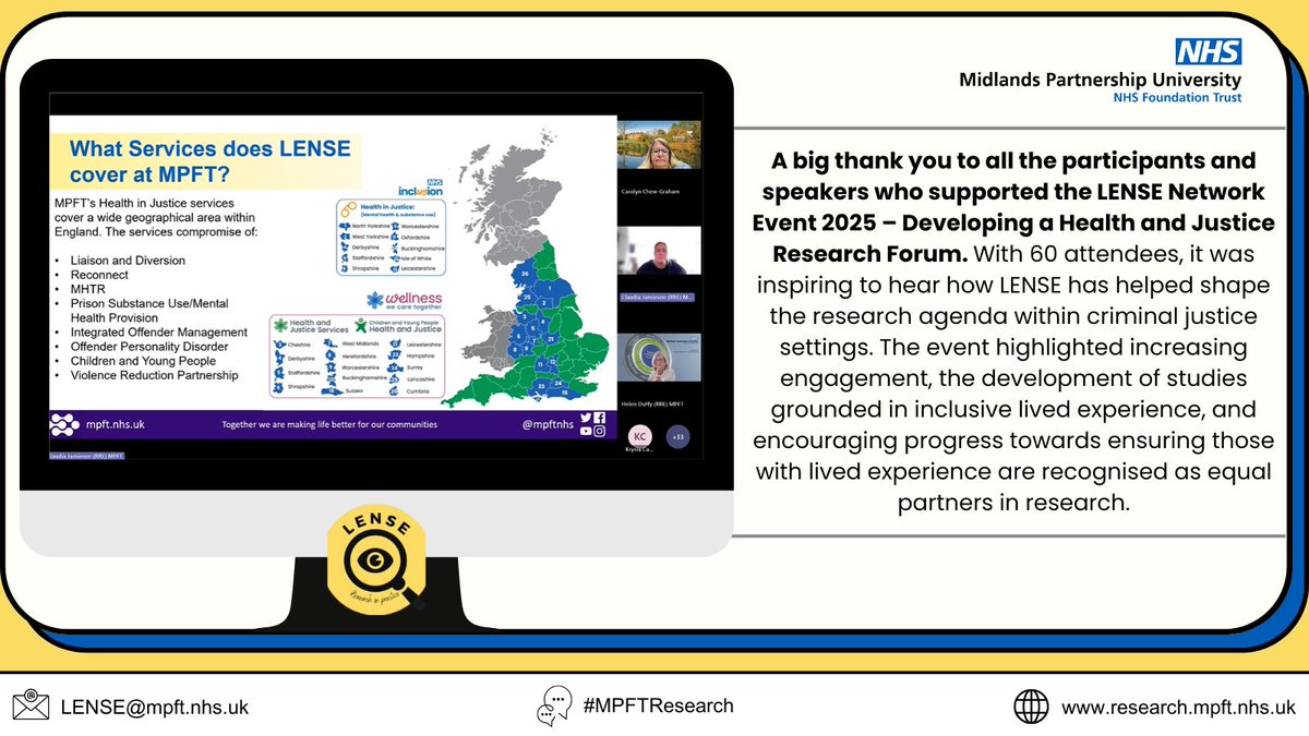 MPFTResearch's tweet image. Thanks to everyone who joined the 2025 LENSE Network Event: Developing a Health & Justice Research Forum 💬
Great to see how LENSE is shaping #research through lived experience & #coproduction.
Learn more: mpft.nhs.uk/services/lense
#MPFTResearch #CoproductionWeek #CoProWeek2025