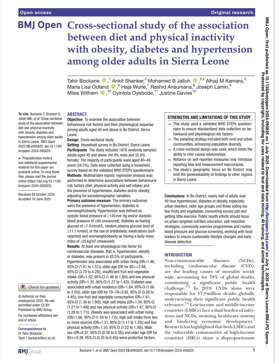 Proud to share our latest publication on how diet and physical inactivity contribute to #obesity, #diabetes &amp; #hypertension in older adults in #SierraLeone. Time to act on food, fitness &amp; health. Read the study: encr.pw/7uQaX
#PublicHealth #NCDs #ResearchMatters