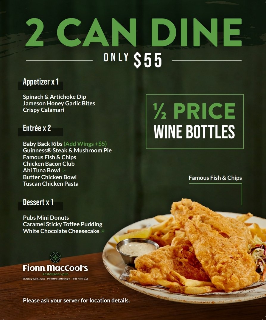 A 3 course meal for 2 for $55, and Half Price Bottles of Wine, available all day every Wednesday!