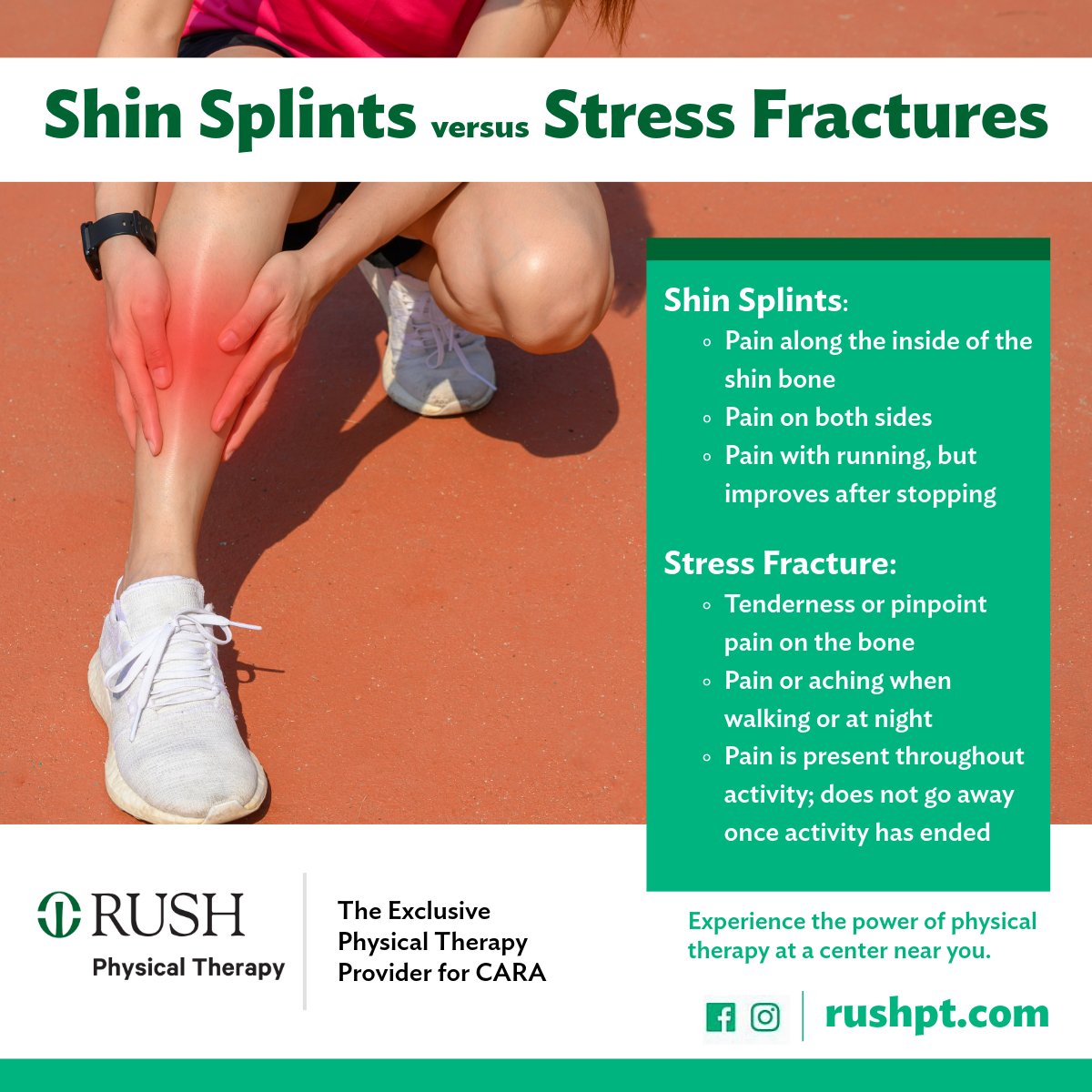 Wellness Wednesday!  Shin pain can indicate a number of injuries, most commonly shin splints or, in some cases, stress injuries such as fractures. RUSH Physical Therapy has broken down the difference between stress injuries and shin splits in the graphic below #CARA #run #PT