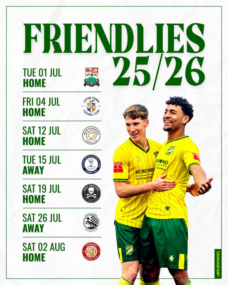 Hitchin Town FC (@hitchintownfc) on Twitter photo FIXTURE UPDATE
We are pleased to confirm that we will now be welcoming <a href="/StevenageYouth/">Stevenage FC Academy</a> U18 to Top Field on Saturday 2nd August for a pre-season friendly. KO 3pm.
Get tickets here:
🔗 hitchintownfc.ktckts.com/event/hit2526p… FIXTURE UPDATE
We are pleased to confirm that we will now be welcoming <a href="/StevenageYouth/">Stevenage FC Academy</a> U18 to Top Field on Saturday 2nd August for a pre-season friendly. KO 3pm.
Get tickets here:
🔗 hitchintownfc.ktckts.com/event/hit2526p…