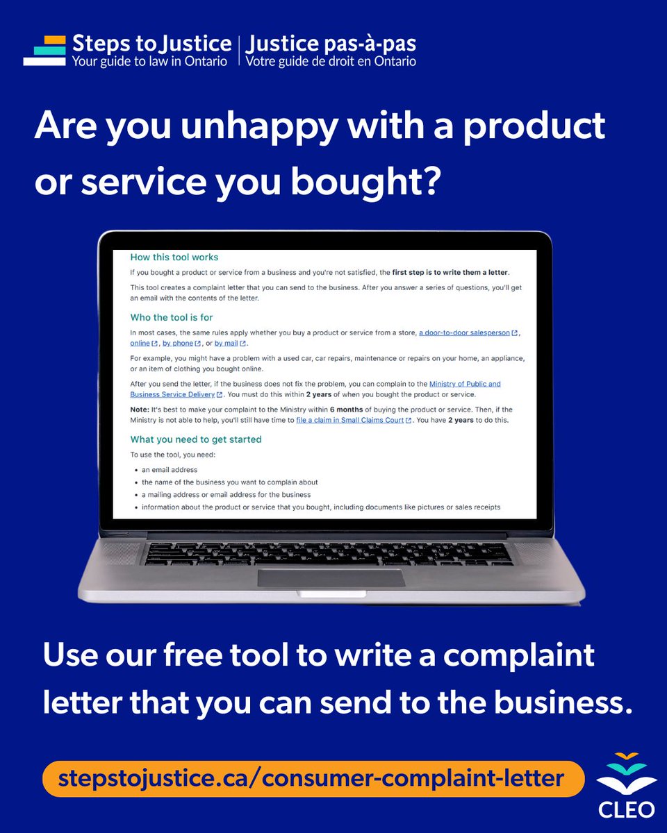 Are you unhappy with a product or service you bought?

Use our free tool to write a complaint letter that you can send to the business.

stepstojustice.ca/consumer-compl…