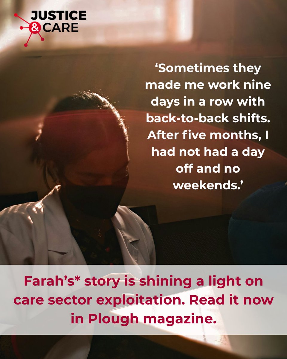 justiceandcare's tweet image. Farah* was trapped in exploitation in the care sector. The cruel treatment she faced is also a reality for thousands of other migrant care workers in the UK.
👉 Read Farah's story in @Plough: plough.com/en/topics/just…
*name changed and stock image used
#EndModernSlavery