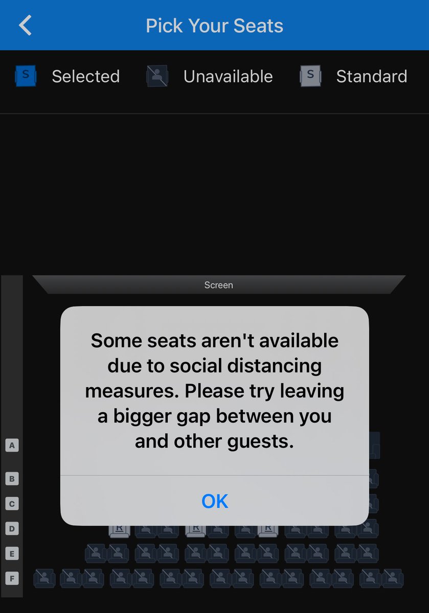 rich1jarvis's tweet photo. @ODEONCinemas since when has social distancing been a thing again? I’m not even allowed to book the single seat on the end of row? https://t.co/JLaIWkNISg