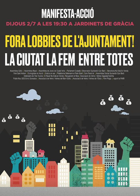 AssBarrisDT's tweet photo. El 2/7/2015, la mobilització #ForaLobbies de l'Ajuntament! va aplegar col·lectius/entitats de diferents barris que venien treballant contra #turistització i col·laborant en diversos fronts.
L'organització de l'acció va generar un espai de coordinació i suport mutu imprescindible https://t.co/AZcTpxVslG