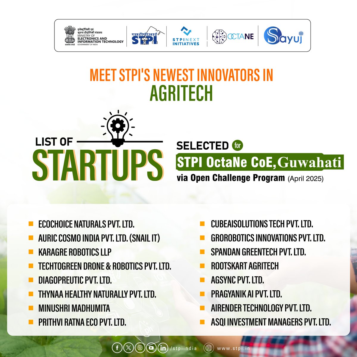 STPI (@stpiindia) on Twitter photo Thread 2: Introducing the next list of 16 innovators selected through Agritech Open Challenge Program (OCP) by STPI OctaNE COE Guwahati. Thread 2: Introducing the next list of 16 innovators selected through Agritech Open Challenge Program (OCP) by STPI OctaNE COE Guwahati.